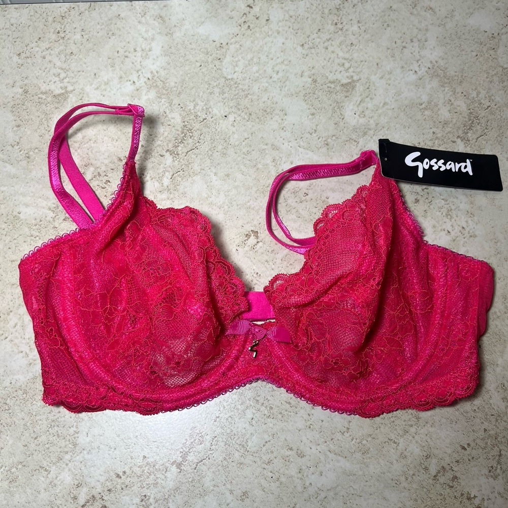 Gossard Superboost Lace Plunge Bra 32D Rose Red NWT Underwire Sheer 7725